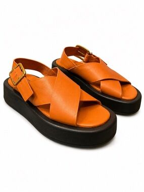 Charlotte Stone Orange Leather Platform Sandals Buckle Size 7